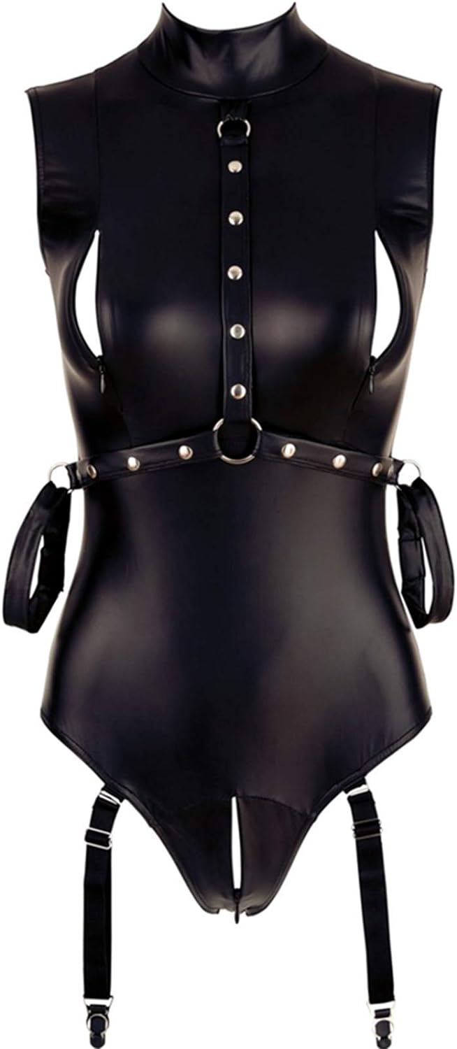 61eGjAP6agL. AC SL1500 PANOEGSN Womens Bondage Faux Leather Bodysuit Zipper Teddy Garter Lingerie Tight Roleplay Costumes Nightclub Strappy Outfits