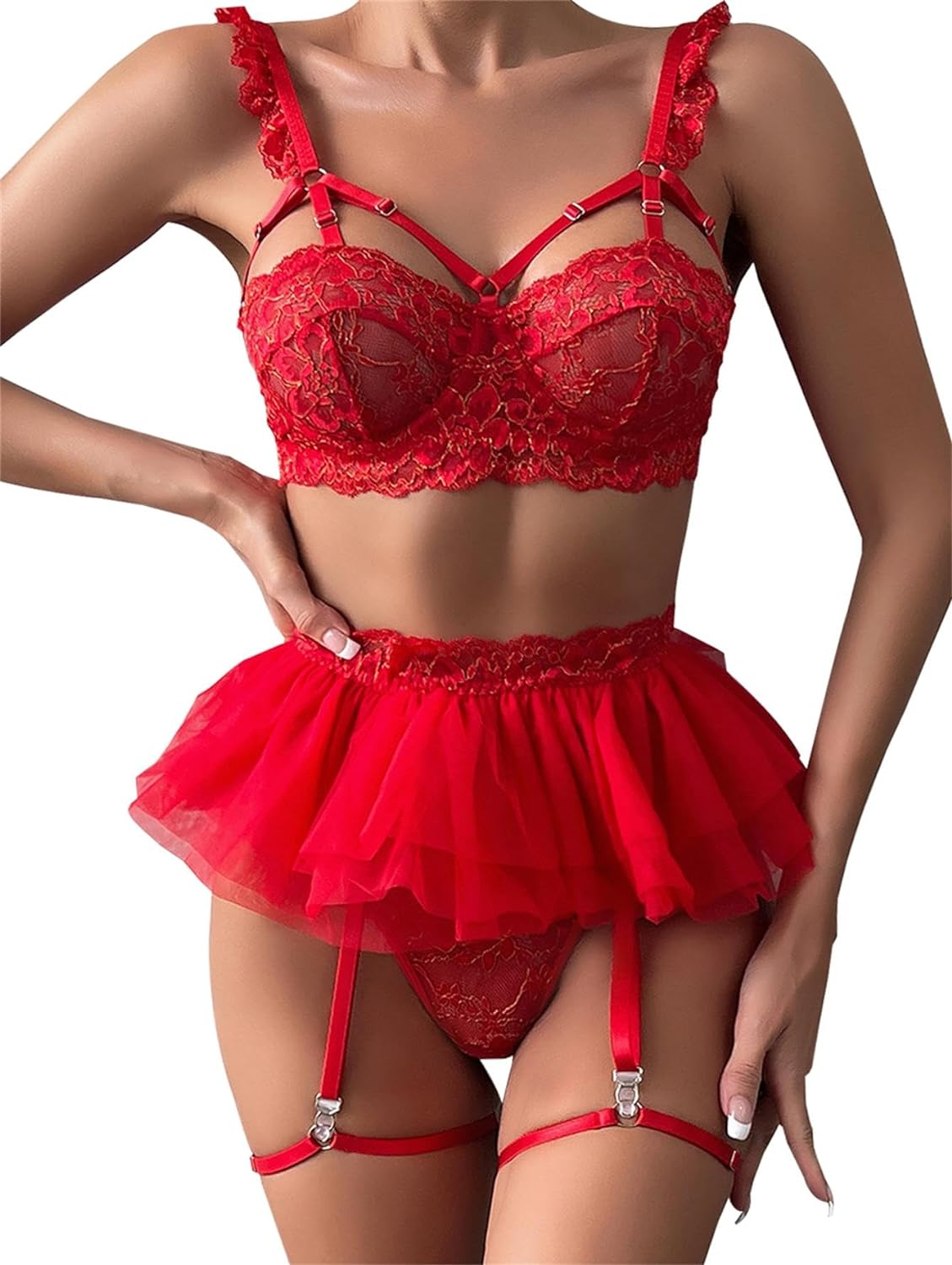 71M542UuplL. AC SL1500 Lilosy Sexy Mesh Skirt Garter Belt Strappy Lingerie Set