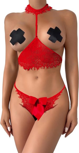 71eBWtYU7SL. AC SL1500 Lilosy Sexy Bow Choker Halter Floral Lace Sheer Lingerie Set for Women See Through Bra and Panty 2 Piece